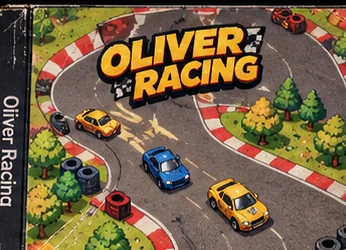 Capa Oliver Racing com carrinhos correndo em uma pista