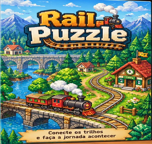 Capa Rail Puzzle com locomotiva em pixel art percorrendo trilhos entre montanhas e estações